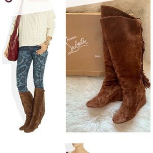Christian Louboutin Brown Suede Fringe Wedge Boot